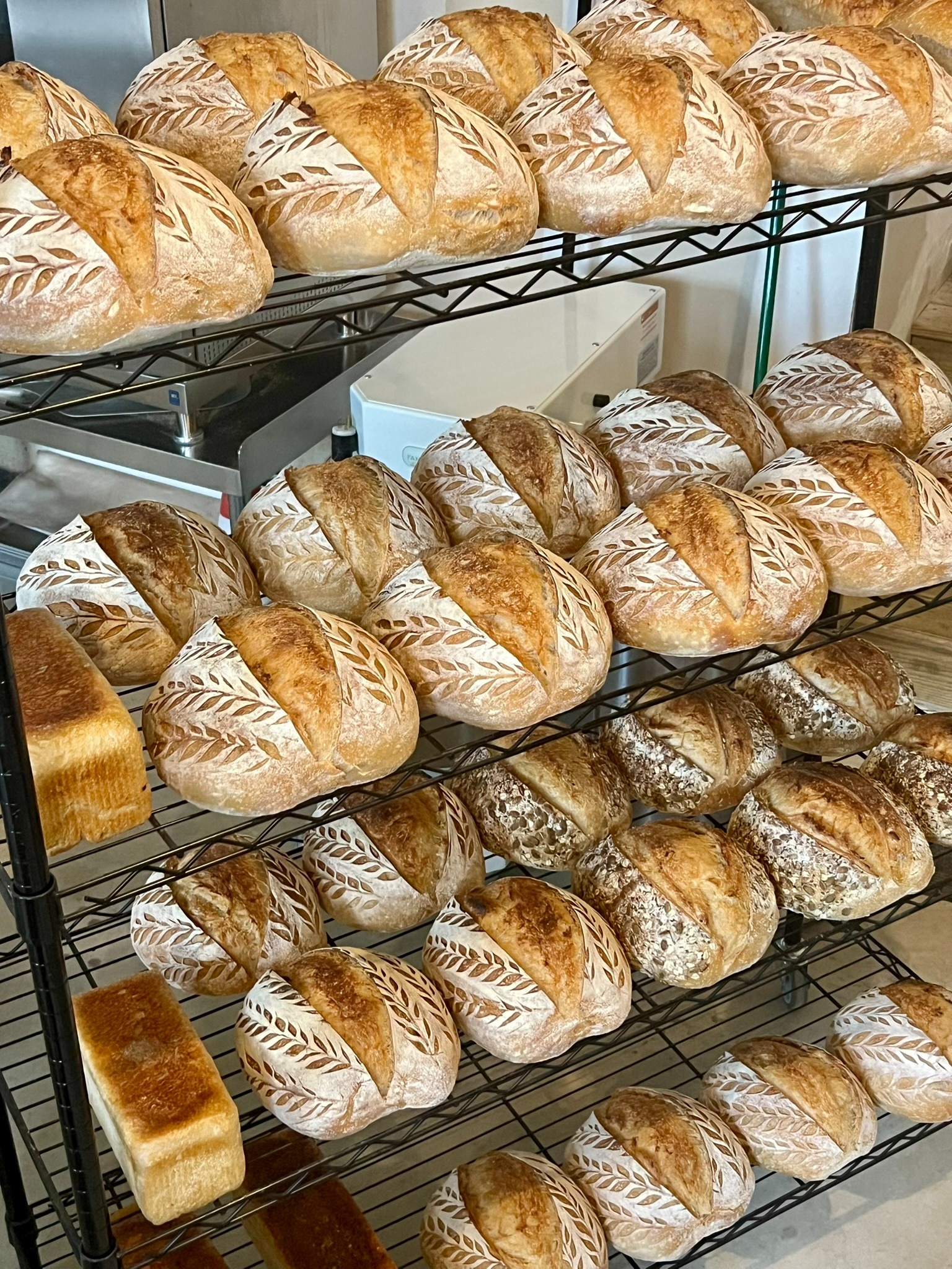 Racks filled with fresh Swedesboro Breads sourdough loaves
