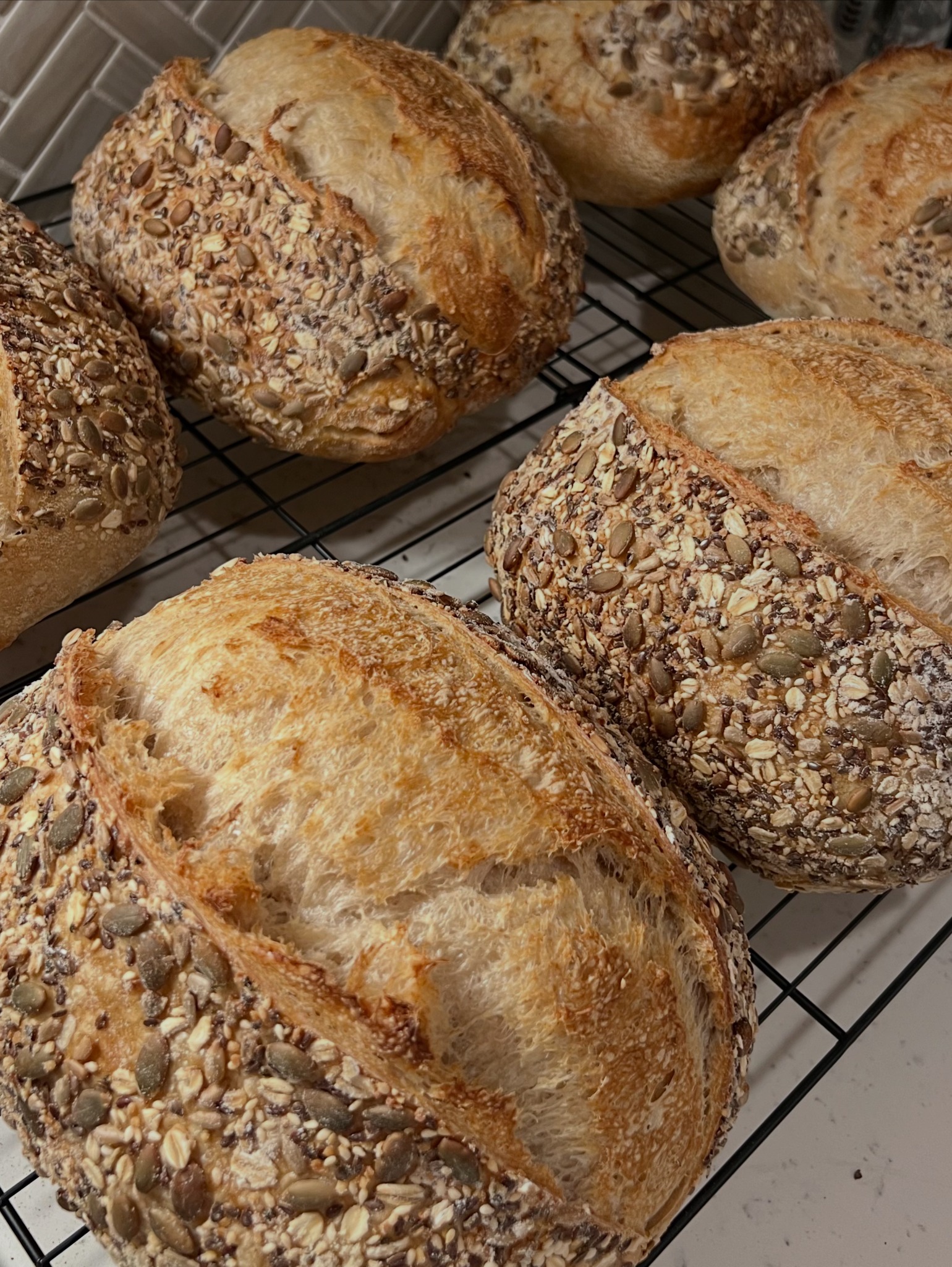 Fresh Powerseed sourdough loaves